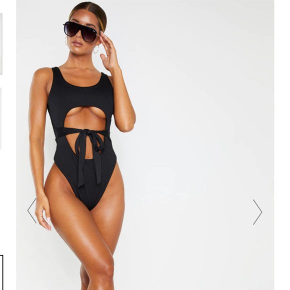 Black Crinkle Cut Out Belted Swimsuit - NWT - Picture 2 of 12